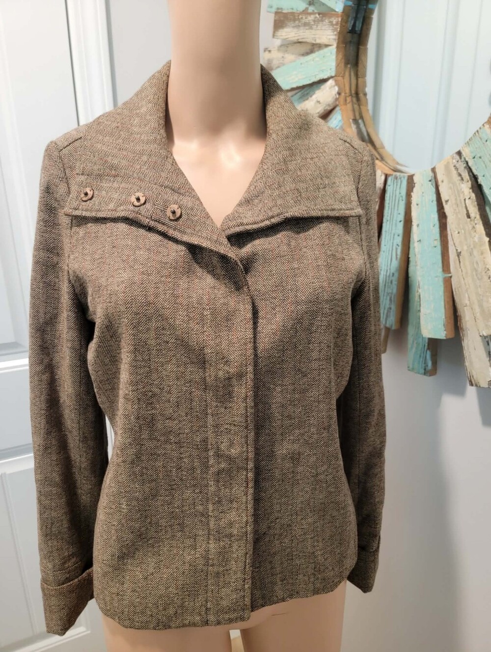 Kenneth Cole Reaction Size 6 Brown Herringbone Tweed Look Blazer w/Cuff Sleeves